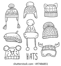 Cute vector winter hats set collection in cartoon cute style