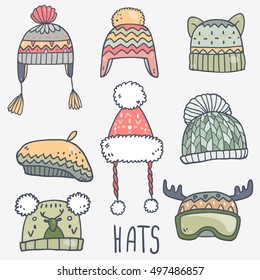 Cuadros vectores de sombreros de invierno conjunto de caricaturas estilo lindo