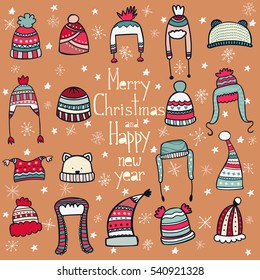 Cute vector winter hats set in color