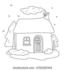 Cute vector winter landscape with a cozy house, snow and trees. Line art illustration perfect for coloring pages, kids activities, stickers, greeting cards, and holiday designs.