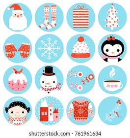 Cute vector winter round icons with Christmas symbols in blue circles for stickers