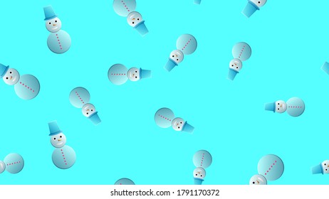 Cute vector winter seamless pattern with cartoon snowmen in flat style with hats and scarves on pink background with Christmas trees.