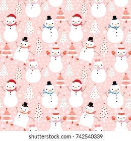 Cute vector winter seamless pattern with cartoon snowmen in flat style with hats and scarves on pink background with Christmas trees