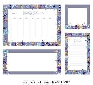 Cute vector winter weekly planner templates. Elegant Christmas floral pastel tone organizers and notepads. Week calendar schedule stationery.