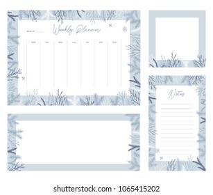 Cute vector winter weekly planner templates. Elegant Christmas floral pastel tone organizers and notepads. Week calendar schedule stationery.