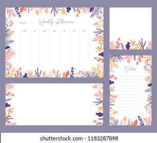 Cute vector winter weekly planner templates. Elegant Christmas floral pastel tone organizers and notepads. Week calendar schedule stationery.