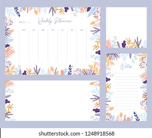 Cute vector winter weekly planner templates. Elegant Christmas floral pastel tone organizers and notepads. Week calendar schedule stationery.