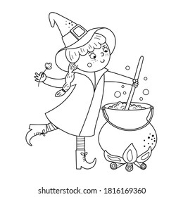 Cute Vektorhexe. Halloween-Zeichen-Symbol in Schwarz-Weiß. Der sonnige Herbst alle Heiligen mit Mädchen, die in Kessel grüne Tränke vorbereiten, sogar Illustrationen. Samhain Party Färbung Seite für Kinder. 
