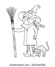 Cute vector witch. Halloween black and white character icon. Funny autumn all saints eve illustration with standing girl, broomstick and cuddling black cat. Samhain party coloring page for kids. 
