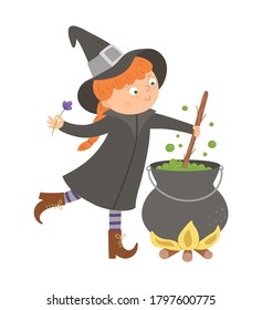 Cute vector witch. Halloween character icon. Funny autumn all saints eve illustration with girl preparing green potion in cauldron. Samhain party sign design for kids. 
