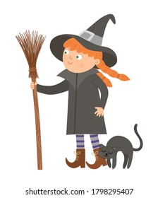 Cute vector witch. Halloween character icon. Funny autumn all saints eve illustration with standing girl, broomstick and cuddling black cat. Samhain party sign design for kids. 
