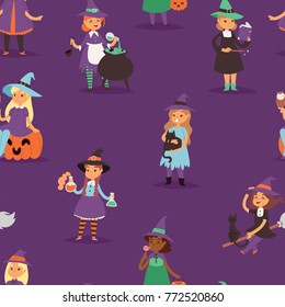 Cute vector Witch Halloween little girl harridan with broom with copper cartoon magic young witch woman dress character costume hat witchcraft illustration seamless pattern background
