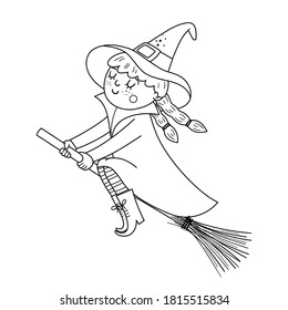 Cute vector witch on the broom. Halloween black and white character icon. Funny autumn all saints eve illustration with girl in a tall hat flying on broomstick. Samhain party coloring page for kids. 
