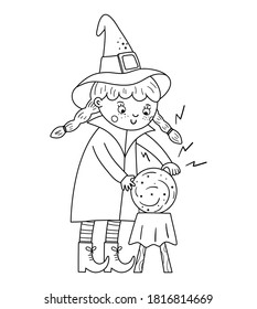 Cute vector witch practicing witchcraft with magic ball. Halloween black and white character icon. Funny autumn all saints eve illustration with girl in tall hat. Samhain party coloring page for kids