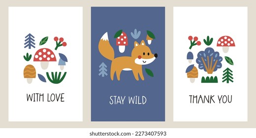 Cute vector woodland cards with forest animals, fox, hare, rabbit, mushrooms, plants, trees, leaves, bushes, berries, Sinek Agaric in minimal flat modern style