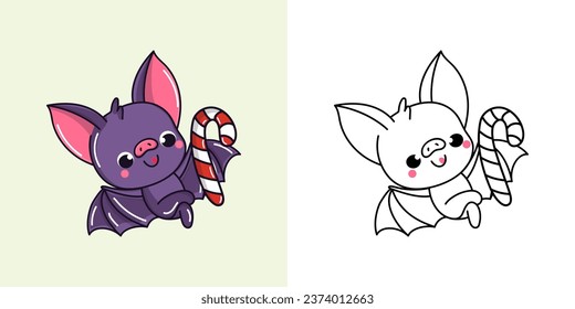 Cute Vector Xmas Bat Clipart para página de coloreado e ilustración. Feliz Animal de Navidad de Clip Art. Ilustración vectorial de un animal kawaii para pegatinas de Año Nuevo. 