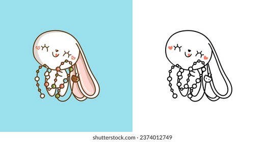Cute Vector Xmas Bunny Clipart for Coloring Page and Illustration. Happy Clip Art Christmas Rabbit. Cute Vector Illustration of a Kawaii Bunny for New Year Stickers. 