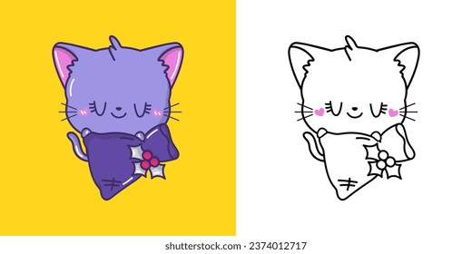 Cute Vector Xmas Cat Clipart for Coloring Page and Illustration. Happy Clip Art Christmas Pet. Cute Vector Illustration of a Kawaii Animal for New Year Stickers. 