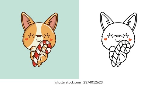 Cute Vector Xmas Corgi Dog Clipart for Coloring Page and Illustration. Happy Clip Art Christmas Puppy. Cute Vector Illustration of a Kawaii Pet for New Year Stickers. 