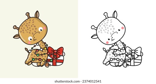 Cute Vector Xmas Giraffe Clipart for Coloring Page and Illustration. Happy Clip Art Christmas Zoo Animal. Cute Vector Illustration of a Kawaii Animal for New Year Stickers. 