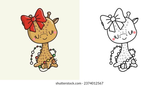 Cute Vector Xmas Giraffe Clipart for Coloring Page and Illustration. Happy Clip Art Christmas Zoo Animal. Cute Vector Illustration of a Kawaii Animal for New Year Stickers. 