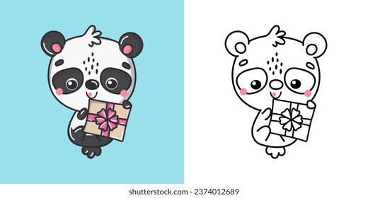 Cute Vector Xmas Panda Clipart para página de color e ilustración. Feliz oso navideño de imágenes prediseñadas. Ilustración vectorial de un animal kawaii para pegatinas de Año Nuevo. 