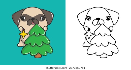 Recorte Vector Xmas Pug Perro Clipart para página de color e ilustración. Feliz Cachorro de Navidad con imágenes prediseñadas. Ilustración vectorial de un Kawaii Pug para pegatinas de Año Nuevo. 
