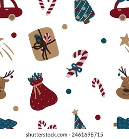 Cute vector Xmas seamless pattern on white backdrop. Print for textile, linen and pajamas, web page background, gift and wrapping paper, greeting cards, scrapbooking album, winter decoration, cover.