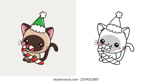 Cute Vector Xmas Siamese Cat Clipart for Coloring Page and Illustration. Happy Clip Art Christmas Pet. Cute Vector Illustration of a Kawaii Animal for New Year Stickers. 
