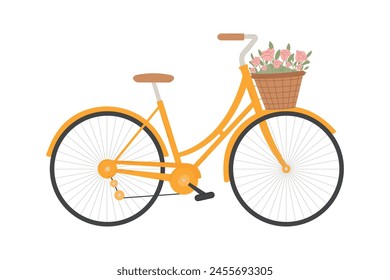  Cute vector yellow bike with a basket of flowers in cartoon style