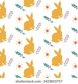 	
Cute vector yellow bunny seamless pattern with rabbits and flowers in modern minimal style. Happy Easter white background. Design for banner, wallpaper, card, baby cloth, gift paper