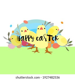 lindo vector pollos amarillos sobre fondo blanco aislado y hierba verde con huevos y hojas, tarjeta de felicitación de Pascua