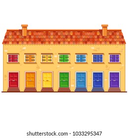 Cute vector yellow house with red tile roof, seven wooden windows with shutters and doors in the colors of rainbow. Traditional european street. Cartoon building. Town element