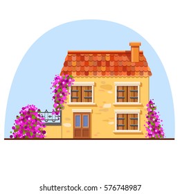 Cute vector yellow house with red tile roof, brown wooden window shutters, a fence and lots of violet flowers on the wall. Traditional european street. Cartoon building. Town element