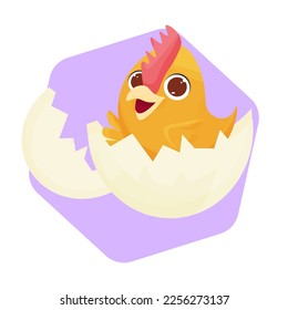 Cute vector yellow newborn chick in a broken eggshell.
