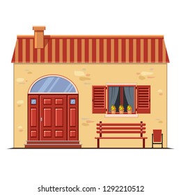 Cute vector yellow stone house with brown 
roof, wooden window shutters, an arch door and a bench with a bin. European street. Cartoon building. Town element