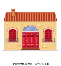 Cute vector yellow stone house with brown 
roof, red wooden window shutters and an arch door. European street. Cartoon building. Town element