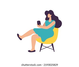 Cute vector young beautiful woman using mobile phone. simple flat girl sitting on chair isolated illustration.