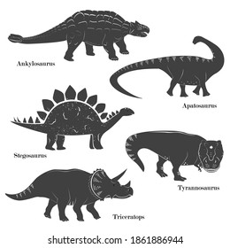 Cute vector of young dinosaurs isolated on white background. Dino set. Triceratops, Apatosaurus, Tyrannosaurus, Stegosaurus, and Ankylosaurus