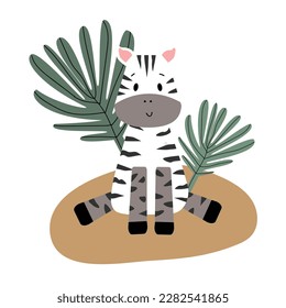 Cute vector zebra. Cartoon zebra, palm tree. Charming African animal isolated on white background. Print design on children's t-shirt. Flat style postcard design. Children's theme.