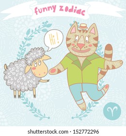 Cute Vector Zodiac signs with funny cat - Aries. One of a set. Vector illustration. Made with love.