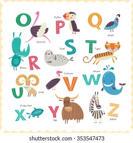 Cute vector Zoo alphabet with animals in cartoon style. Part 2.