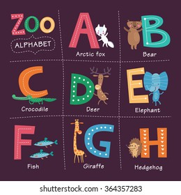 Cute vector Zoo alphabet with animals in cartoon style on a dark background. Part 1.