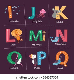 Cute vector Zoo alphabet with animals in cartoon style on a dark background. Part 2.