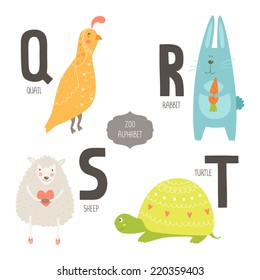 Cute vector zoo alphabet with cartoon animals isolated on white background. Q, r, s, t letters. Quail, rabbit, sheep and turtle.