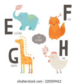 Cute vector zoo alphabet with cartoon animals isolated on white background. E, f, g, h letters. Elephant, fox, giraffe and hen.