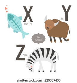 Cute vector zoo alphabet with cartoon animals isolated on white background. X, y, z letters. X-ray fish, yak and zebra.