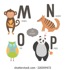 Cute vector zoo alphabet with cartoon animals isolated on white background. M, n, o, p letters. Monkey, numbat, owl and panda.