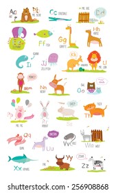 Cute vector zoo alphabet with cartoon and funny animals in vector. Letters. Learn to read. Isolated on white background. 