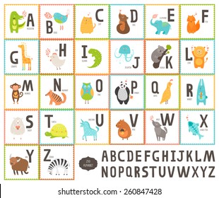 Cute vector zoo alphabet with cartoon animals isolated on white background, education cards. Cat, dog, turtle, elephant, panda, alligator,lion, zebra